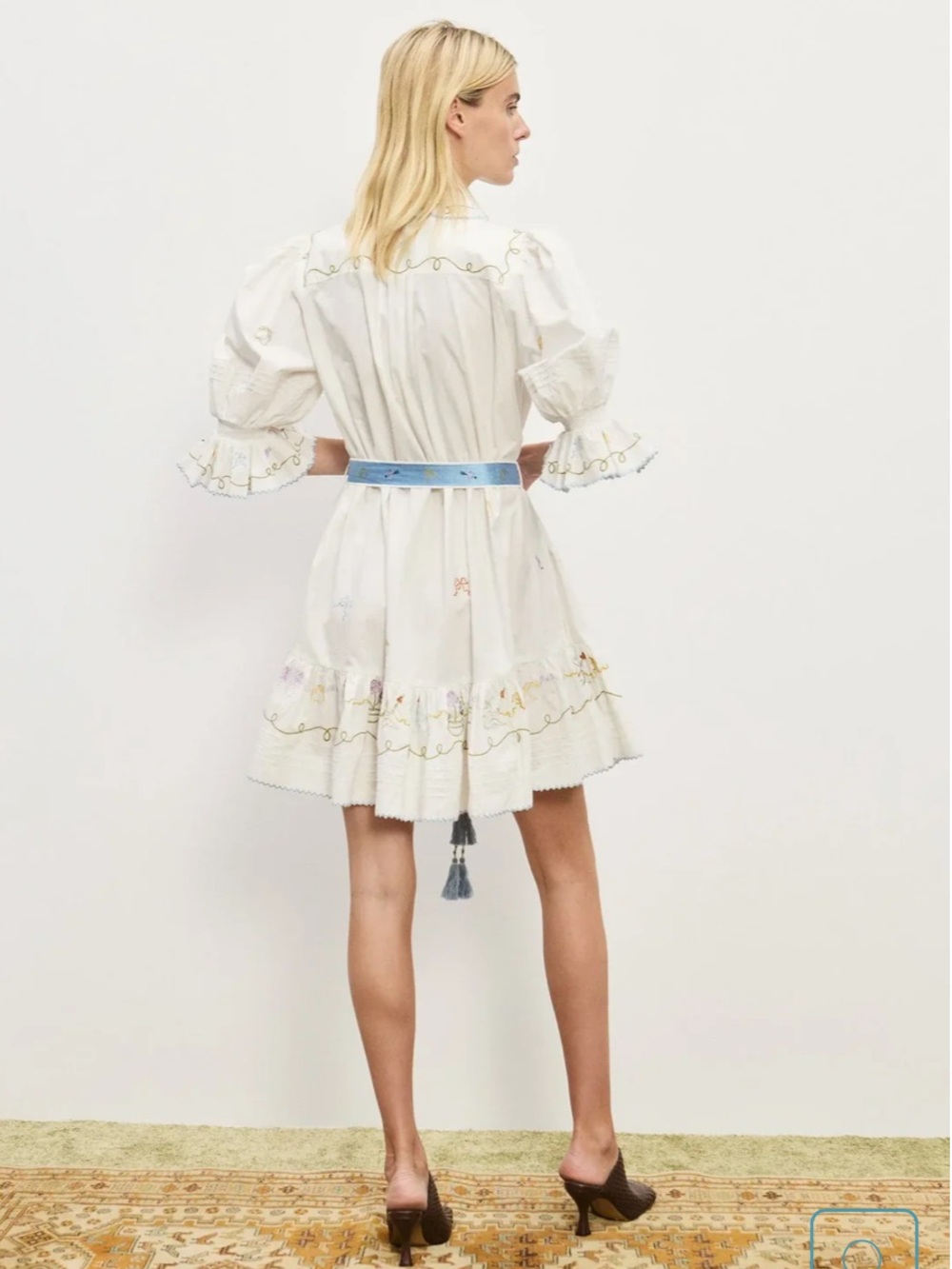 Alemais Giulia Embroidered White Cotton Mini Dress with Blue Sash - Picture 3 of 7